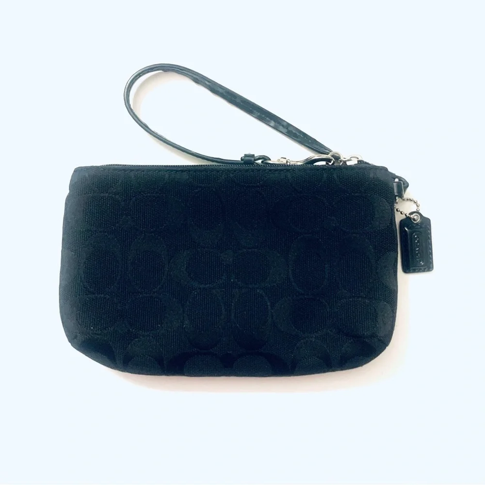 COACH Black Canvas Wristlet Signature Monogram Leather Trim Mini Pouch